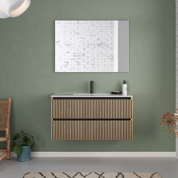COSYNEO - Meuble de salle de bain 100cm simple vasque - 2 tiroirs - roble era (chêne clair) - VENERIA - large