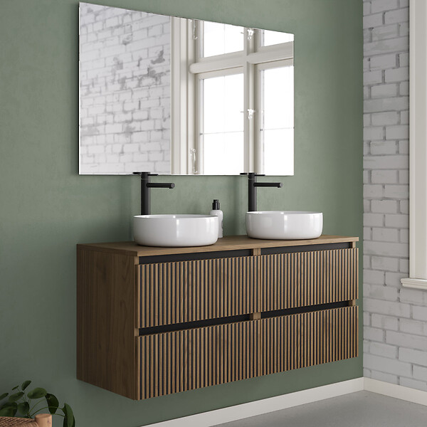 COSYNEO - Meuble de salle de bain 120cm avec plateau et 2 vasques à poser rondes - 4 tiroirs - noyer (bois foncé) - VENERIA - large