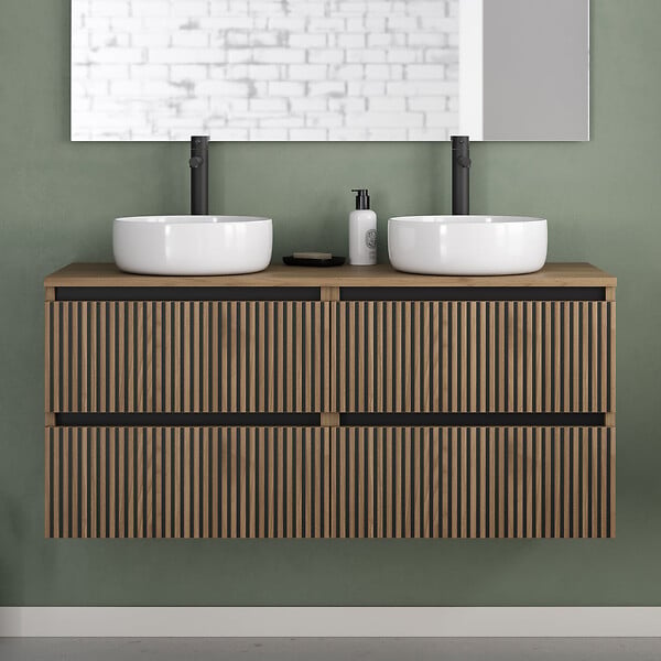 COSYNEO - Meuble de salle de bain 120cm avec plateau et 2 vasques à poser rondes - 4 tiroirs - noyer (bois foncé) - VENERIA - large