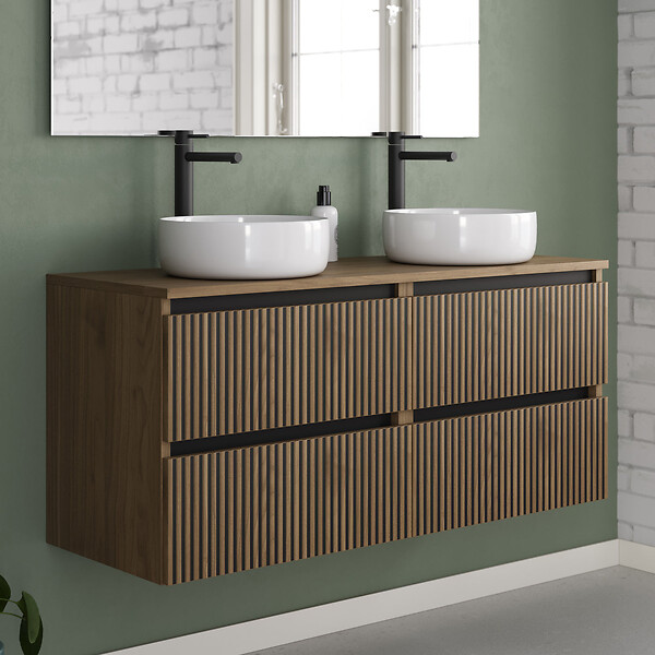 COSYNEO - Meuble de salle de bain 120cm avec plateau et 2 vasques à poser rondes - 4 tiroirs - noyer (bois foncé) - VENERIA - large