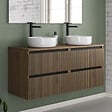 COSYNEO - Meuble de salle de bain 120cm avec plateau et 2 vasques à poser rondes - 4 tiroirs - noyer (bois foncé) - VENERIA - vignette