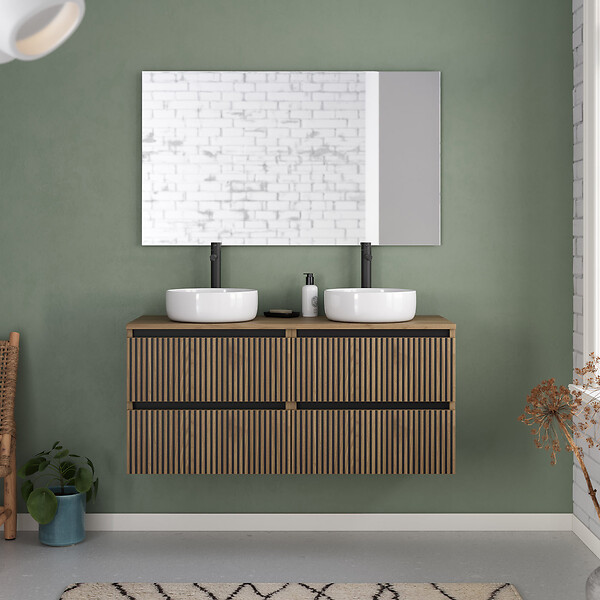 COSYNEO - Meuble de salle de bain 120cm avec plateau et 2 vasques à poser rondes - 4 tiroirs - noyer (bois foncé) - VENERIA - large