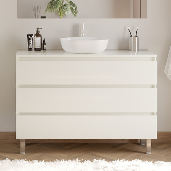 COSYNEO - Meuble de salle de bain 120cm avec plateau et vasque à poser arrondie - 3 tiroirs - blanc brillant - MAYOR - large