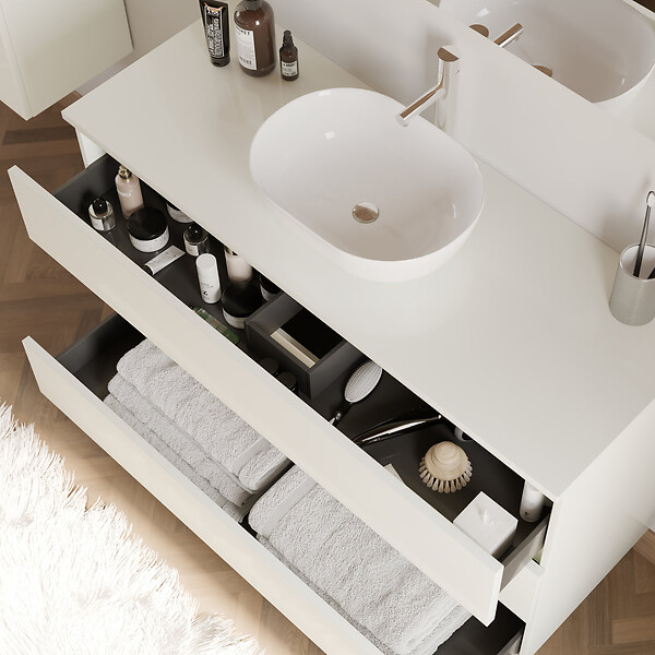 COSYNEO - Meuble de salle de bain 120cm avec plateau et vasque à poser arrondie - 3 tiroirs - blanc brillant - MAYOR - large