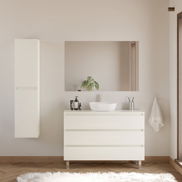 COSYNEO - Meuble de salle de bain 120cm avec plateau et vasque à poser arrondie - 3 tiroirs - blanc brillant - MAYOR - large