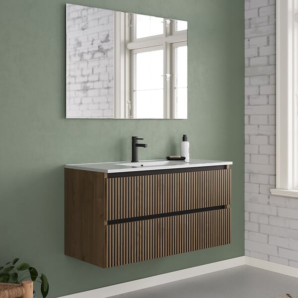 COSYNEO - Meuble de salle de bain 100cm simple vasque - 2 tiroirs - noyer (bois foncé) - VENERIA - large