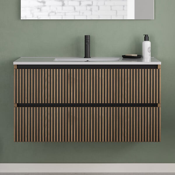 COSYNEO - Meuble de salle de bain 100cm simple vasque - 2 tiroirs - noyer (bois foncé) - VENERIA - large