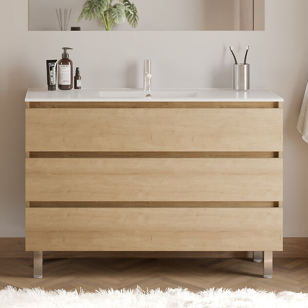 COSYNEO - Meuble de salle de bain 120cm simple vasque - 3 tiroirs - nebraska (chêne clair) - MAYOR - large