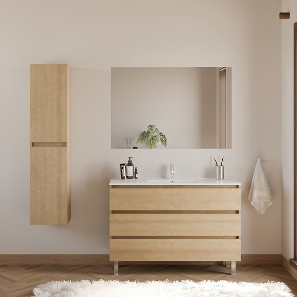 COSYNEO - Meuble de salle de bain 120cm simple vasque - 3 tiroirs - nebraska (chêne clair) - MAYOR - large