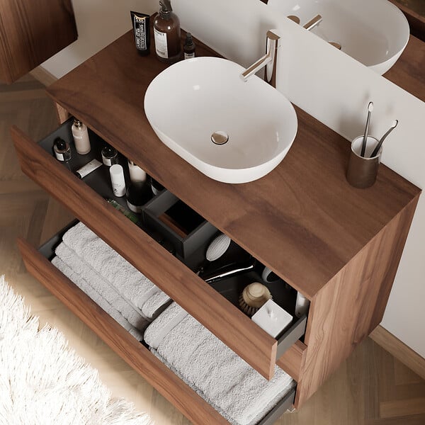 COSYNEO - Meuble de salle de bain 90cm avec plateau et vasque à poser arrondie - 3 tiroirs - sans miroir - noyer (bois foncé) - MAYOR - large
