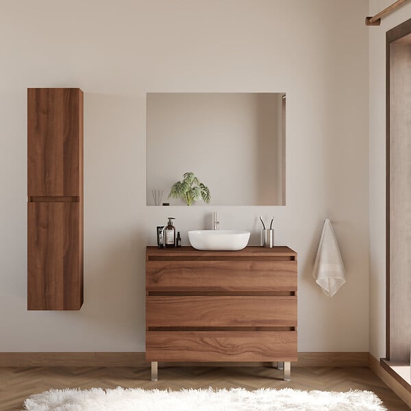 COSYNEO - Meuble de salle de bain 90cm avec plateau et vasque à poser arrondie - 3 tiroirs - sans miroir - noyer (bois foncé) - MAYOR - large
