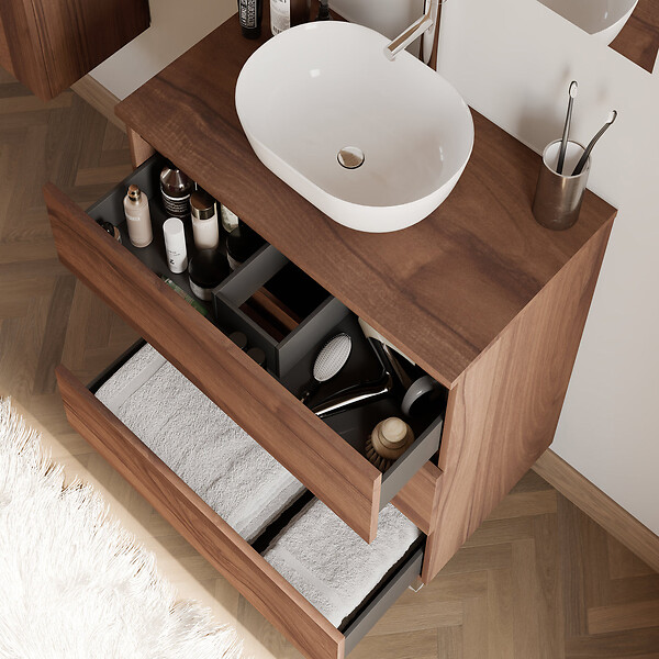 COSYNEO - Meuble de salle de bain 60cm avec plateau et vasque à poser arrondie - 3 tiroirs - sans miroir - noyer (bois foncé) - MAYOR - large