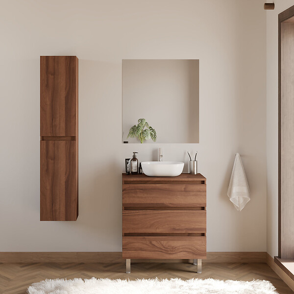 COSYNEO - Meuble de salle de bain 60cm avec plateau et vasque à poser arrondie - 3 tiroirs - sans miroir - noyer (bois foncé) - MAYOR - large
