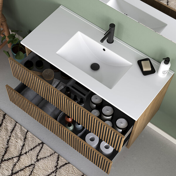 COSYNEO - Meuble de salle de bain 90cm simple vasque - 2 tiroirs - sans miroir - noyer (bois foncé) - VENERIA - large