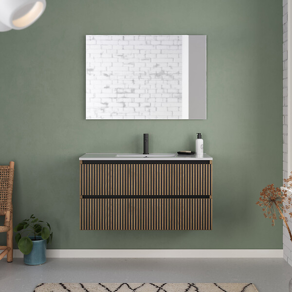 COSYNEO - Meuble de salle de bain 90cm simple vasque - 2 tiroirs - sans miroir - noyer (bois foncé) - VENERIA - large