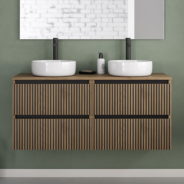 COSYNEO - Meuble de salle de bain 140cm avec plateau et 2 vasques à poser rondes - 4 tiroirs - noyer (bois foncé) - VENERIA - large