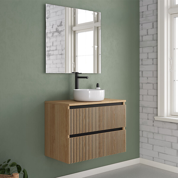 COSYNEO - Meuble de salle de bain 60cm avec plateau et vasque à poser ronde - 2 tiroirs - roble era (chêne clair) - VENERIA - large