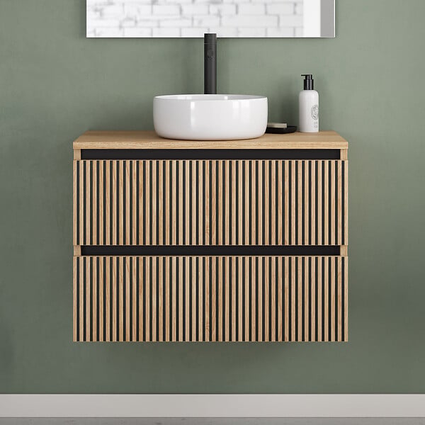 COSYNEO - Meuble de salle de bain 60cm avec plateau et vasque à poser ronde - 2 tiroirs - roble era (chêne clair) - VENERIA - large