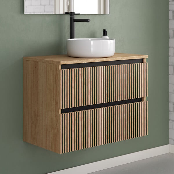 COSYNEO - Meuble de salle de bain 60cm avec plateau et vasque à poser ronde - 2 tiroirs - roble era (chêne clair) - VENERIA - large