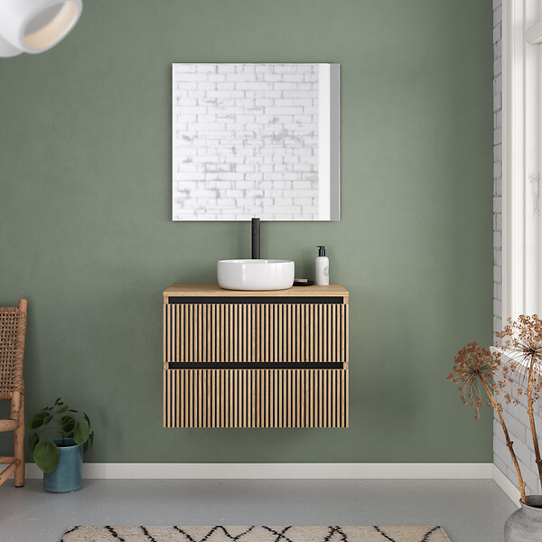 COSYNEO - Meuble de salle de bain 60cm avec plateau et vasque à poser ronde - 2 tiroirs - roble era (chêne clair) - VENERIA - large