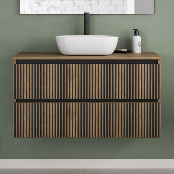 COSYNEO - Meuble de salle de bain 90cm avec plateau et vasque à poser arrondie - 2 tiroirs - noyer (bois foncé) - VENERIA - large