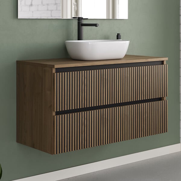 COSYNEO - Meuble de salle de bain 90cm avec plateau et vasque à poser arrondie - 2 tiroirs - noyer (bois foncé) - VENERIA - large