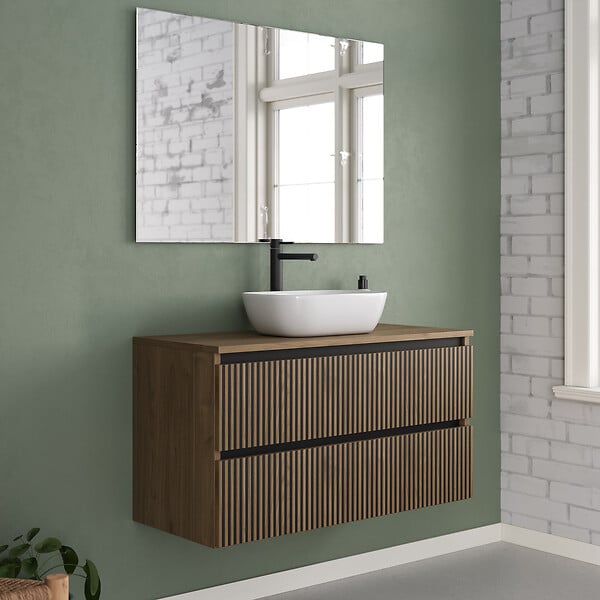 COSYNEO - Meuble de salle de bain 100cm avec plateau et vasque à poser arrondie - 2 tiroirs - noyer (bois foncé) - VENERIA - large