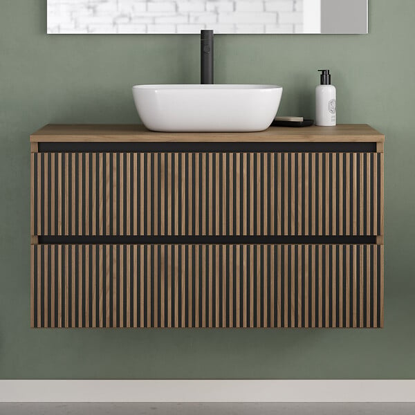 COSYNEO - Meuble de salle de bain 100cm avec plateau et vasque à poser arrondie - 2 tiroirs - noyer (bois foncé) - VENERIA - large