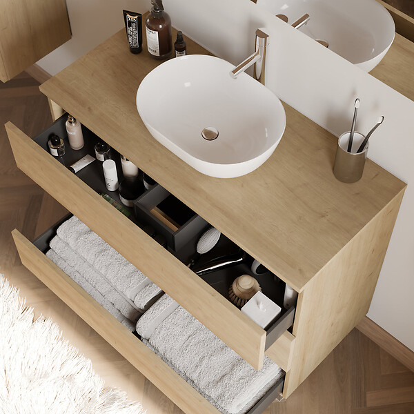 COSYNEO - Meuble de salle de bain 90cm avec plateau et vasque à poser arrondie - 3 tiroirs - nebraska (chêne clair) - MAYOR - large