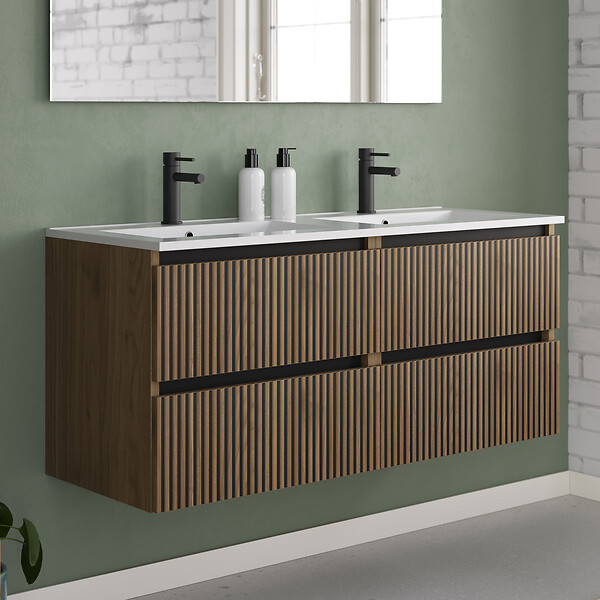 COSYNEO - Meuble de salle de bain 140cm double vasque - 4 tiroirs - sans miroir - noyer (bois foncé) - VENERIA - large