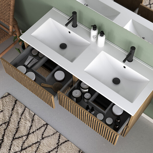 COSYNEO - Meuble de salle de bain 140cm double vasque - 4 tiroirs - sans miroir - noyer (bois foncé) - VENERIA - large