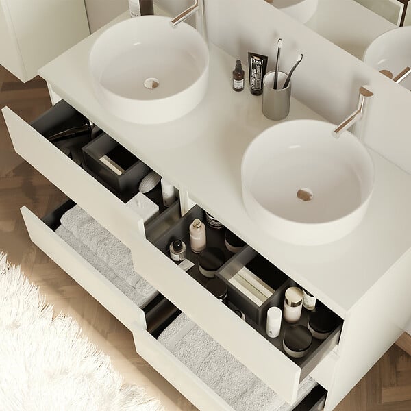 COSYNEO - Meuble de salle de bain 140cm avec plateau et 2 vasques à poser rondes - 6 tiroirs - blanc brillant - MAYOR - large
