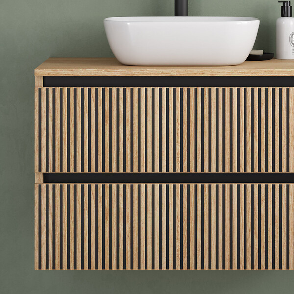 COSYNEO - Meuble de salle de bain 70cm avec plateau et vasque à poser arrondie - 2 tiroirs - sans miroir - roble era (chêne clair) - VENERIA - large