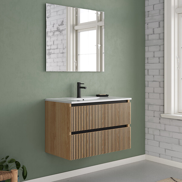 COSYNEO - Meuble de salle de bain 80cm simple vasque - 2 tiroirs - roble era (chêne clair) - VENERIA - large