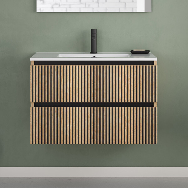 COSYNEO - Meuble de salle de bain 80cm simple vasque - 2 tiroirs - roble era (chêne clair) - VENERIA - large