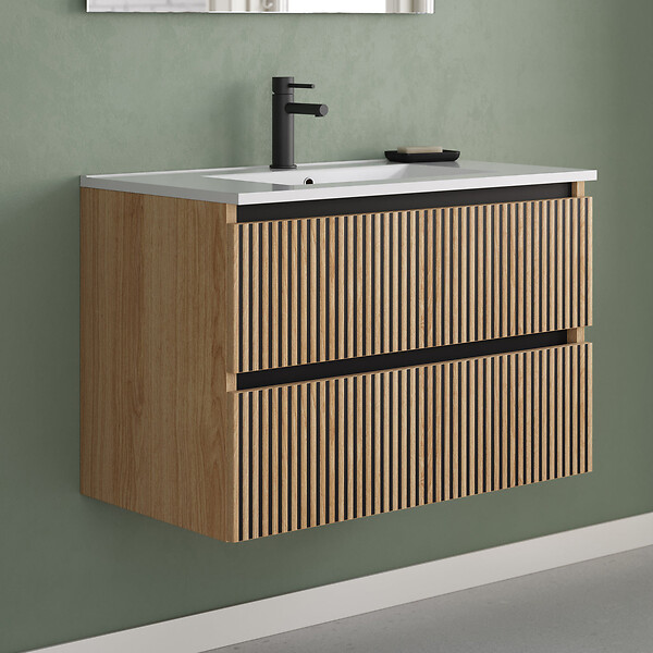COSYNEO - Meuble de salle de bain 80cm simple vasque - 2 tiroirs - roble era (chêne clair) - VENERIA - large