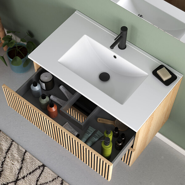 COSYNEO - Meuble de salle de bain 80cm simple vasque - 2 tiroirs - roble era (chêne clair) - VENERIA - large
