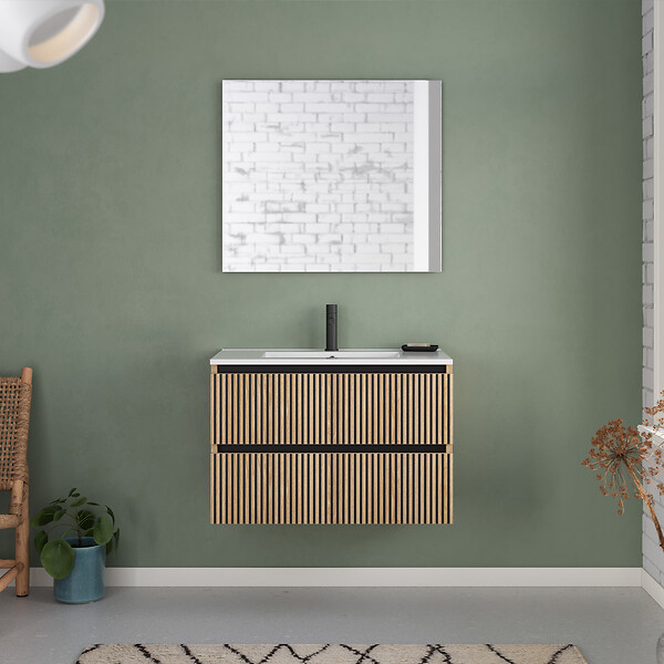 COSYNEO - Meuble de salle de bain 80cm simple vasque - 2 tiroirs - roble era (chêne clair) - VENERIA - large