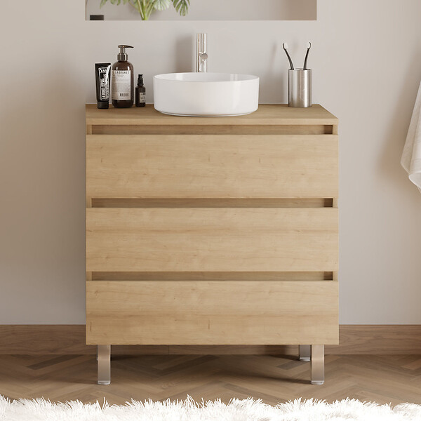 COSYNEO - Meuble de salle de bain 80cm avec plateau et vasque à poser ronde - 3 tiroirs - nebraska (chêne clair) - MAYOR - large