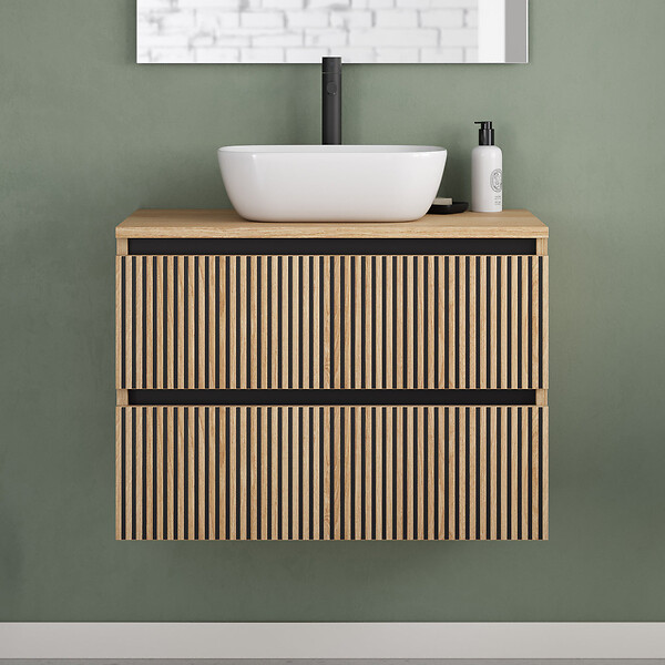 COSYNEO - Meuble de salle de bain 70cm avec plateau et vasque à poser arrondie - 2 tiroirs - roble era (chêne clair) - VENERIA - large