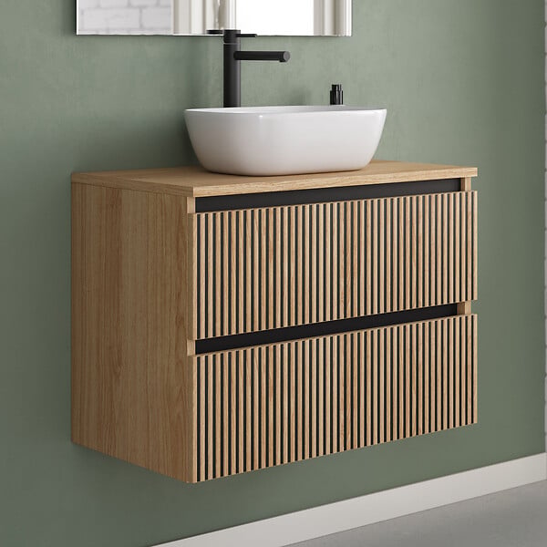 COSYNEO - Meuble de salle de bain 70cm avec plateau et vasque à poser arrondie - 2 tiroirs - roble era (chêne clair) - VENERIA - large