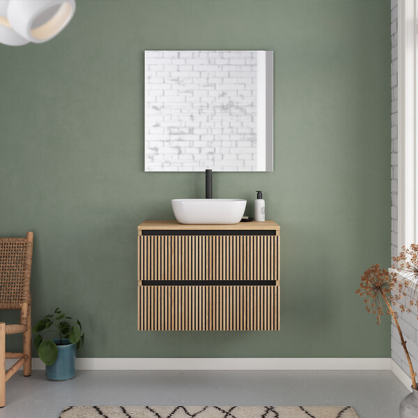 COSYNEO - Meuble de salle de bain 70cm avec plateau et vasque à poser arrondie - 2 tiroirs - roble era (chêne clair) - VENERIA - large