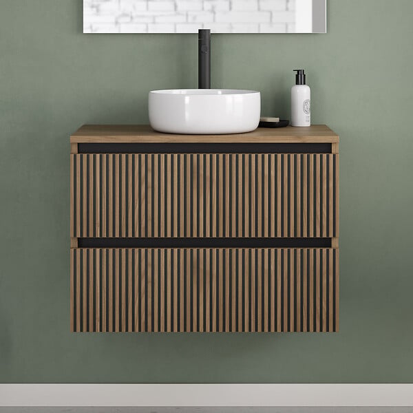 COSYNEO - Meuble de salle de bain 60cm avec plateau et vasque à poser ronde - 2 tiroirs - noyer (bois foncé) - VENERIA - large