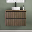 COSYNEO - Meuble de salle de bain 60cm avec plateau et vasque à poser ronde - 2 tiroirs - noyer (bois foncé) - VENERIA - vignette