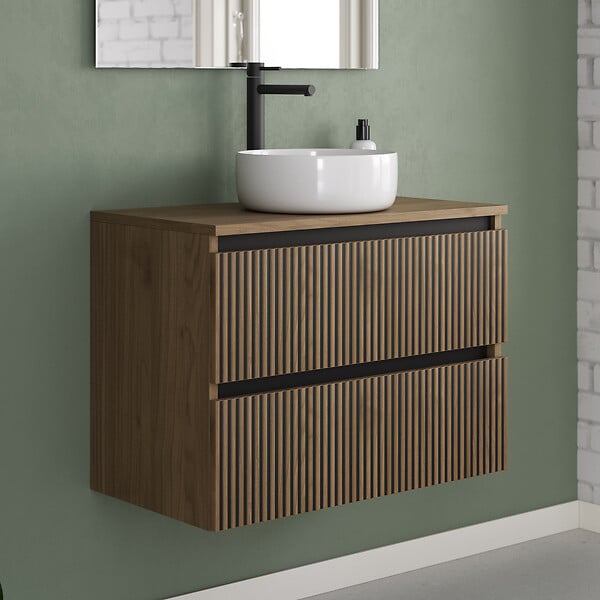 COSYNEO - Meuble de salle de bain 60cm avec plateau et vasque à poser ronde - 2 tiroirs - noyer (bois foncé) - VENERIA - large