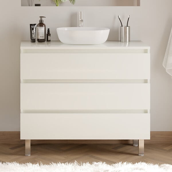 COSYNEO - Meuble de salle de bain 90cm avec plateau et vasque à poser arrondie - 3 tiroirs - blanc brillant - MAYOR - large