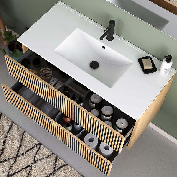 COSYNEO - Meuble de salle de bain 90cm simple vasque - 2 tiroirs - sans miroir - roble era (chêne clair) - VENERIA - large