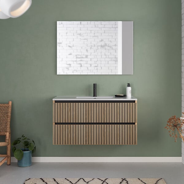 COSYNEO - Meuble de salle de bain 90cm simple vasque - 2 tiroirs - sans miroir - roble era (chêne clair) - VENERIA - large