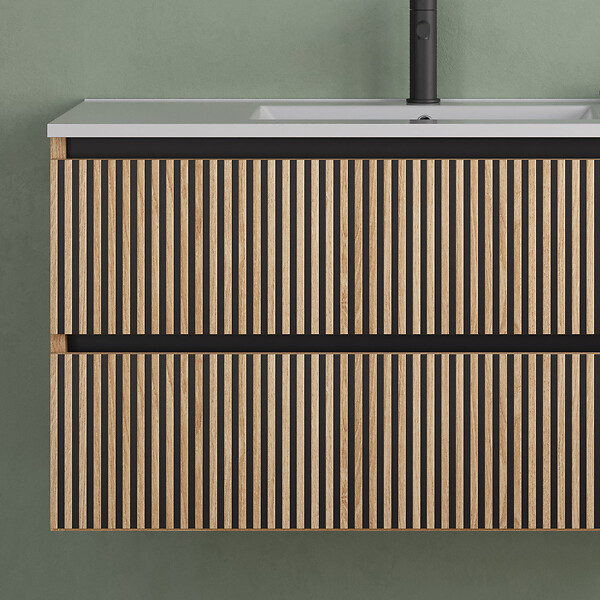 COSYNEO - Meuble de salle de bain 90cm simple vasque - 2 tiroirs - sans miroir - roble era (chêne clair) - VENERIA - large