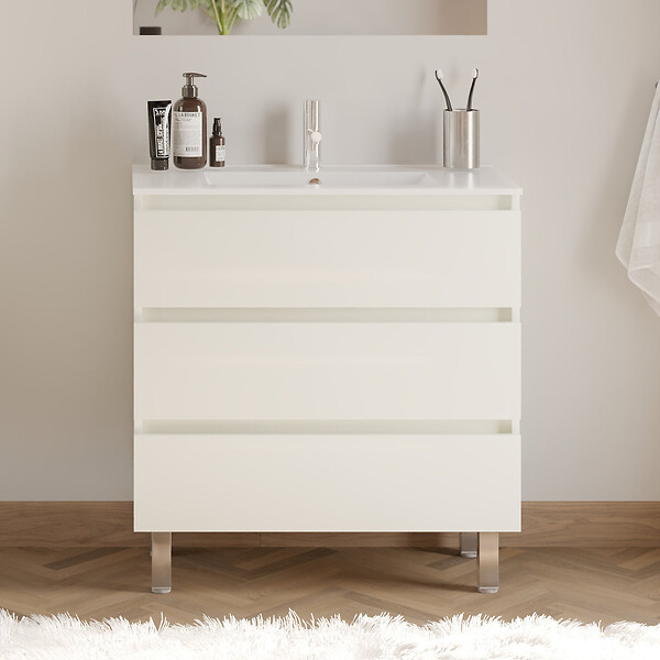 COSYNEO - Meuble de salle de bain 70cm simple vasque - 3 tiroirs - blanc brillant - MAYOR - large